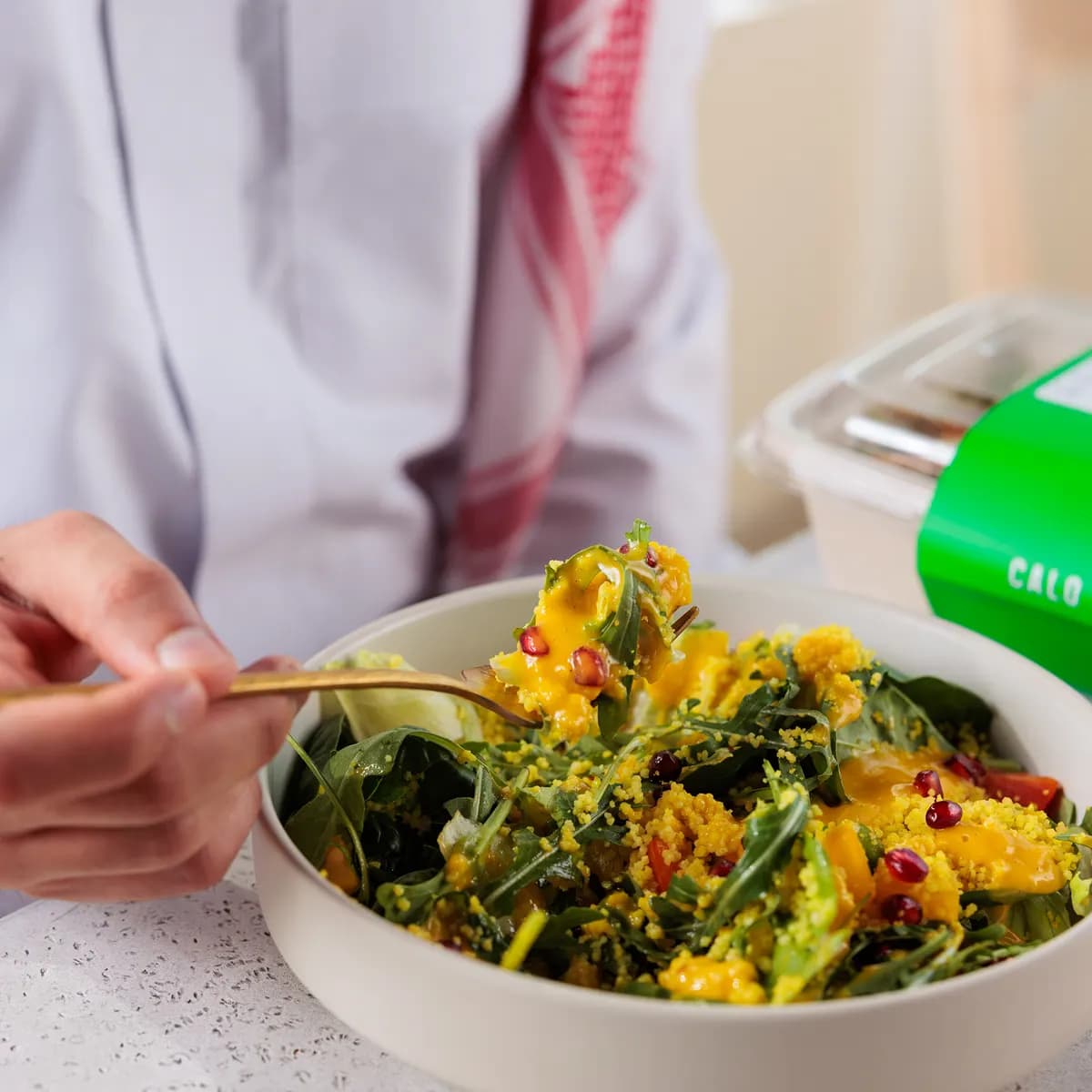 A couscous bowl from the Calo kitchen, close enough to taste