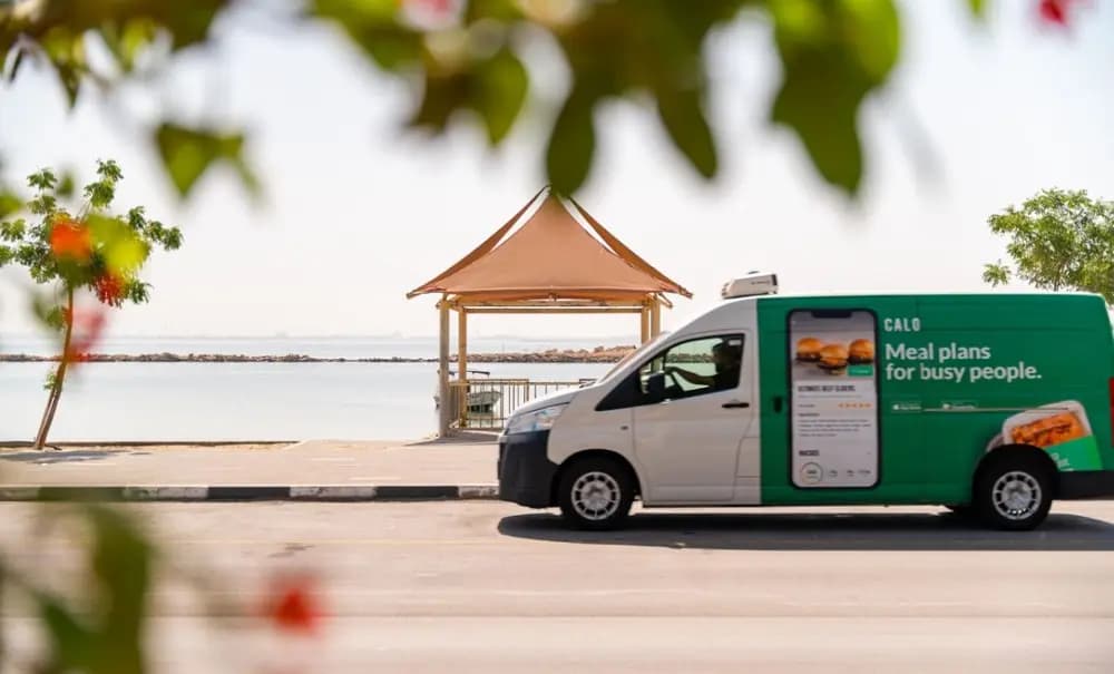 A Calo delivery van parked by the Gulf shore